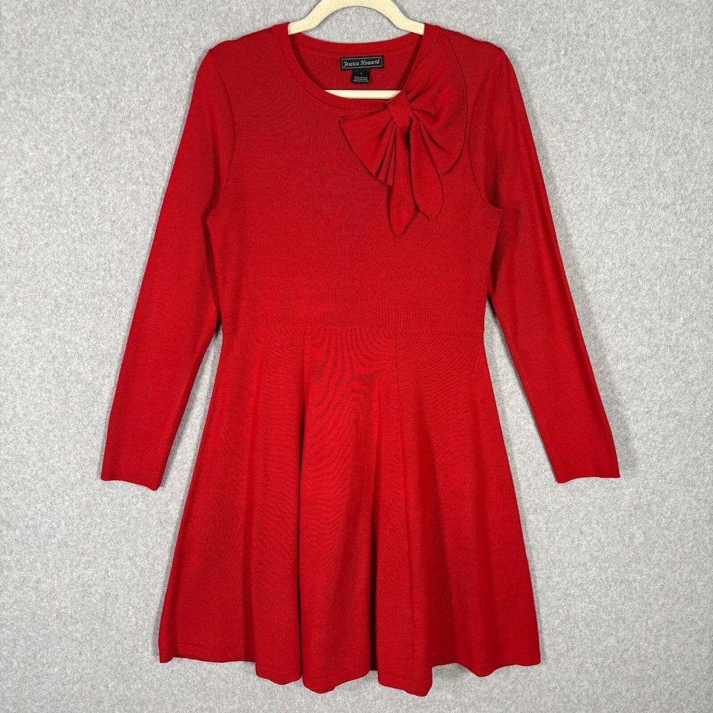 Red Sweater Dress Large Big Bow Pleated Flare Knit Feminine Romantic Holiday NYE